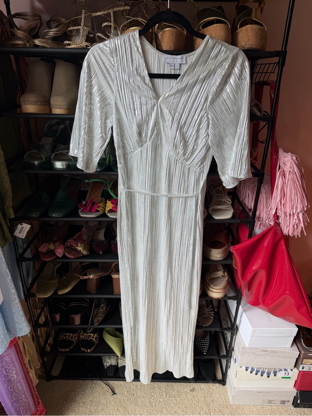 Pleated V-Neck Metallic Silver Midi Dress